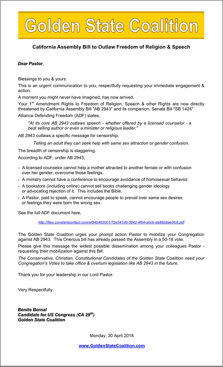 GSC Candidate Opposition to California AB 2943